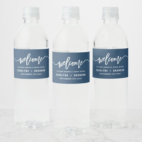 Navy Blue Welcome Lettering Custom Wedding Water Bottle Label Welcome Lettering, Wedding Guest Bags, Wedding Water, White Water Bottle, Water Bottle Labels Wedding, Wedding Water Bottles, Water Wedding, Dusky Blue, Water Bottle Label