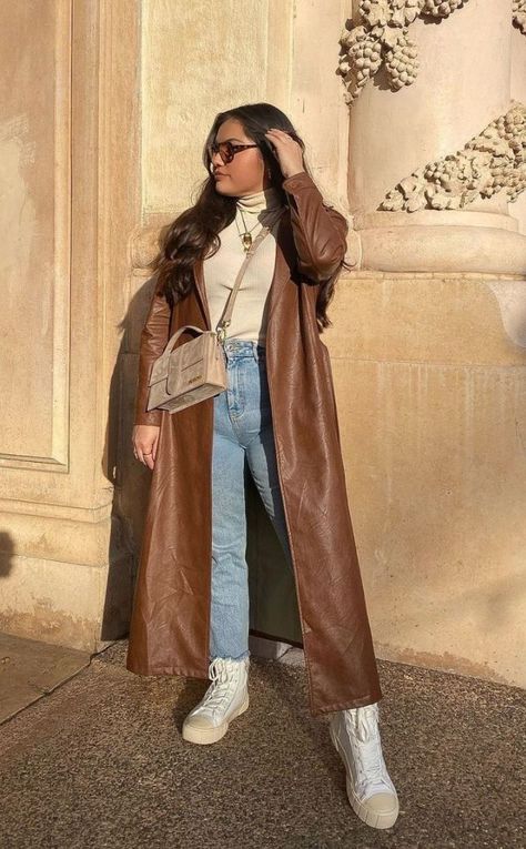 Brown Coat Outfit, Brown Leather Jacket Outfit, Trendy Outfit Ideas, Stylish Winter Outfits, Uni Outfits, Fall Outfit Ideas, Leather Jacket Outfits, Stylish Work Outfits, Trendy Outfit