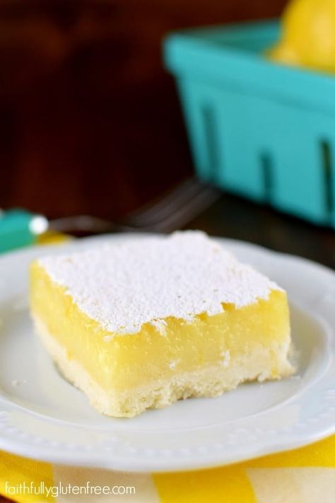 Thick, Tangy Gluten Free Lemon Bars from Faithfully Gluten Free Gf Bars, Brown Butter Shortbread, Lemon Squares Recipe, Gluten Free Benefits, Gluten Free Lemon Bars, Gluten Free Dairy Free Dessert, Butter Shortbread, Gf Cookies, Gluten Free Bars