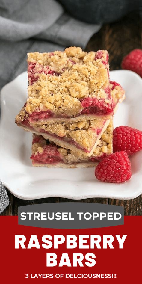 Streusel Topped Raspberry Squares - Scrumptious Raspberry Bar Cookies filled with luscious fresh raspberries and topped with a buttery crumble. Raspberry Squares, Berry Filling, Raspberry Bars, Dessert Bar Recipe, Popular Desserts, Fresh Raspberries, Shortbread Crust, Bar Cookies, Strawberry Desserts