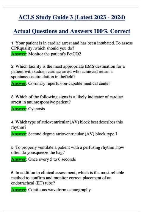 ACLS Study Guide 3 (Latest 2023 - 2024) Actual Questions and Answers 100% Correct Acls Test 2023, Cna Exam Study Guides, Acls Medications, Medical Questions And Answers, Acls Test Questions And Answers, Hesi A2 Study Guide, Acls Study Guide, Hemodynamics Nursing Critical Care, Cna Study Guide