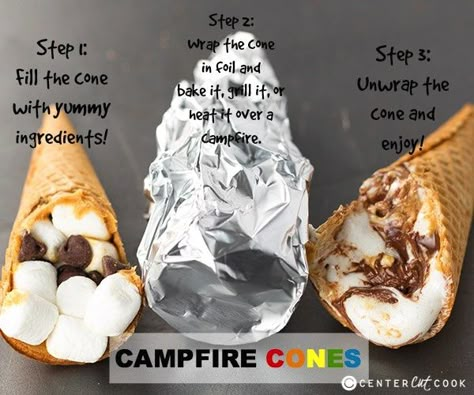 Campfire Cones Recipe, Campfire Cones, Campfire Smores, Camping Desserts, Easy Camping Meals, Campfire Food, Campfire Cooking, Köstliche Desserts, Camp Cooking