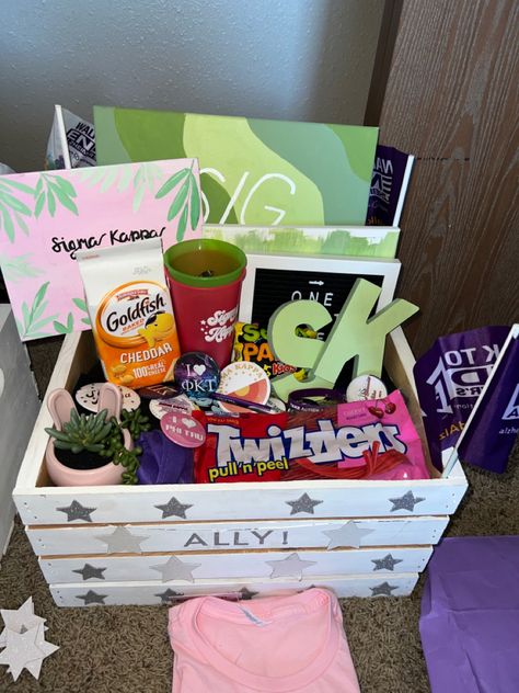 Gifts For Your Big Sorority, Sorority Crate Ideas, Sorority Reveal Boxes, Sorority Baskets, Big/little Baskets, Little Gifts Sorority, Big Little Canvas, Big Little Basket, Chi Omega Sorority