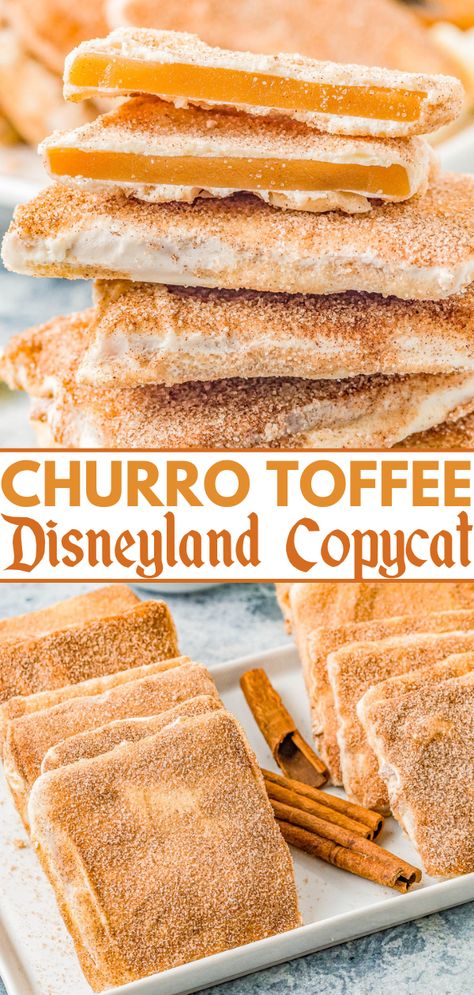 Churro Toffee - This Disneyland copycat recipe might be even more delicious than the real deal! Buttery, crunchy toffee is coated in sweet white chocolate that's dusted with a scrumptious combination of cinnamon and sugar for an irresistible churro flavor sensation! Just one bite of this homemade candy will make you feel like you're strolling right down Main Street! Disneyland Churro Toffee, Disney Churro Toffee, Toffee Churro Bugles, Churro Toffee Disneyland, Recipes With Saltines, Disneyland Cookie Recipe, Churro Flavored Desserts, Saltine Toffee Recipe, Churro Cracker Toffee