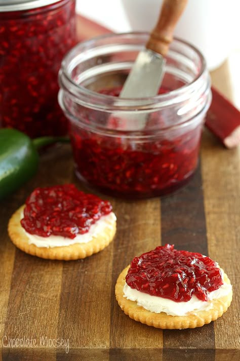 Raspberry Rhubarb Jalapeno Jam (Small Batch, No Pectin) Crackers And Jam, Raspberry Jam Appetizers, Jalapeno Rhubarb Jelly, Rhubarb Jalapeno Jam, Jalapeno Jam, Raspberry Rhubarb, Canning Jam, Rhubarb Jam, Community Table