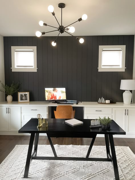 Feature Wall With Built Ins, Office With Wall Of Cabinets, Home Office Half Wall, Accent Wall In Basement Living Room, Gray Walls Office Decor, Ikea Basement Office, Office In Open Basement, Reading Room Accent Wall, Urbane Bronze Shiplap Wall