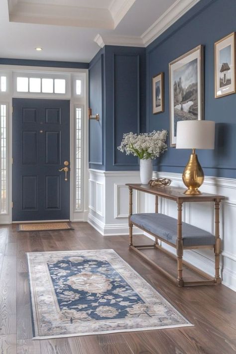 White Wainscoting With Wallpaper, Wainscoting With Wallpaper Hallway, Classy Foyer Ideas Entryway, Wainscoting And Wallpaper Hallway, 2 Tone Hallway Paint Colors, Light Blue Wainscoting, Wainscoting With Wallpaper, Long Entry Hallway Ideas, Blue Wainscoting