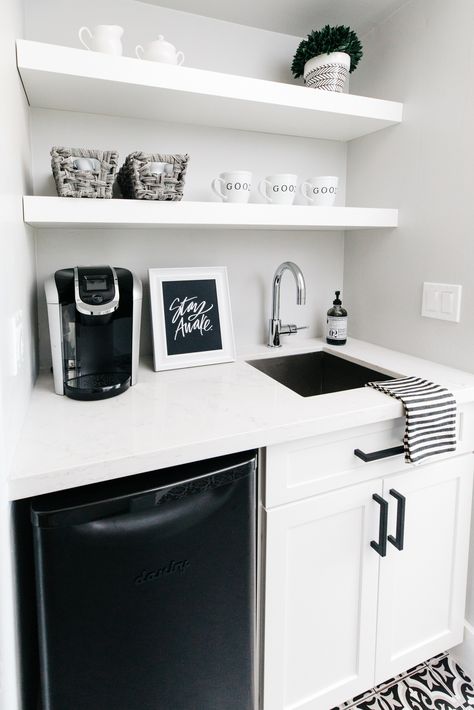 Bathroom Coffee Station, Coffee Machine Next To Sink, Dry Bar In Bedroom, Coffee Station Master Suite, Coffee Bar In Bedroom Master Suite Built Ins, Coffee Bar In Bathroom Master Bath, Bathroom Coffee Bar, Coffee Bar Bedroom Master Suite Mini Fridge, White Kitchenette Ideas