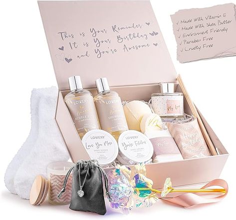 Luxury Birthday Spa Gift Box with Vit E- Rich Bath Essentials, Diffuser, Candle, Sterling Silver CZ Heart Necklace, 24k Flower Rose Gift & More Birthday Gift Basket, Relaxing Home, Spa Box, Spa Gift Set, Gift Baskets For Women, Luxury Birthday, Bath Gift Set, Spa Gift Basket, Spa Gift Box