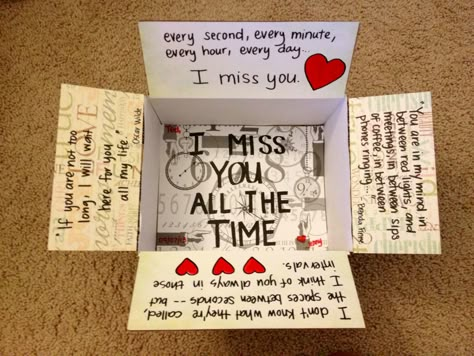 "I miss you all the time" care package for Ted! Deployment care package Romantic Care Package For Him, Care Package Notes Ideas, Care Package For Girlfriend, Packages Ideas, Deployment Care Package Ideas, Military Boyfriend, Deployment Packages, Diy Care Package, Care Package Ideas