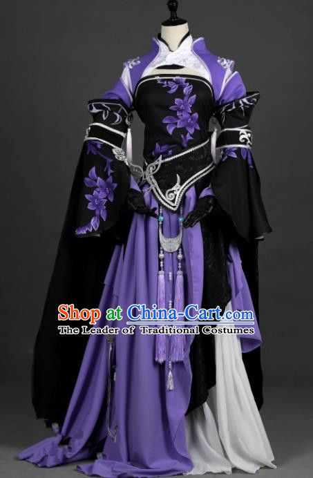 Chinese Ancient Heroine Costume Cosplay Female Knight-errant Swordswoman Purple Dress Hanfu Clothing for Women Chinese Cosplay, Purple Short Dress, Ancient Chinese Clothing, Costume For Women, Han Dynasty, Hanfu Dress, Chinese Ancient, Red Dress Women, Purple Outfits