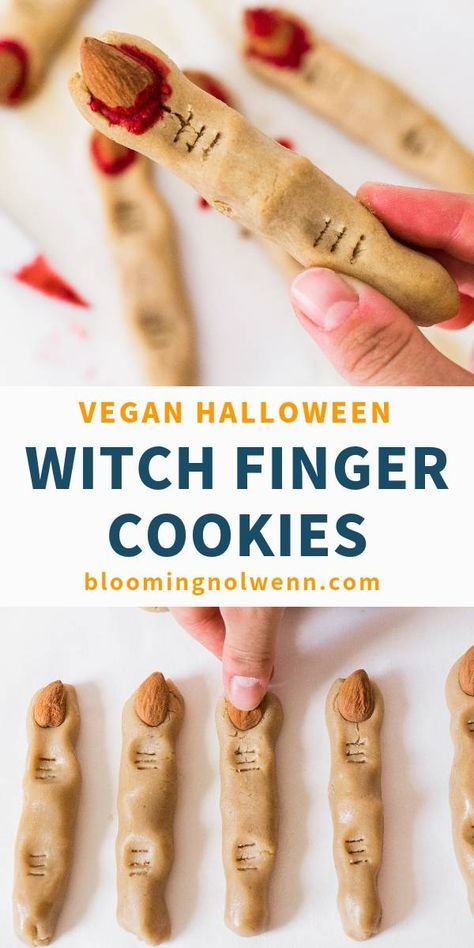 Vegan Witch Finger Cookies | Gluten-Free Zombie Finger Cookies, Finger Cookies Halloween, Halloween Food Gluten Free, Halloween Desserts Gluten Free, Gluten And Dairy Free Halloween Treats, Vegan Halloween Party Food, Vegan Halloween Dinner, Vegan Halloween Cookies, Vegan Halloween Recipes