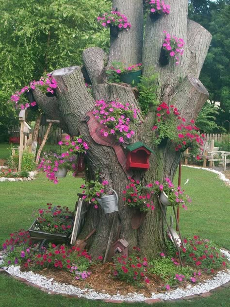 Tree Trunk Garden Ideas, Old Tree Trunk Garden Ideas, Landscaping With Logs Tree Stumps, Large Fairy Garden Ideas Tree Trunks, Log Flower Bed, Tree Stump Decor, Tree Stump Planter, Glassware Garden Art, Hillside Garden