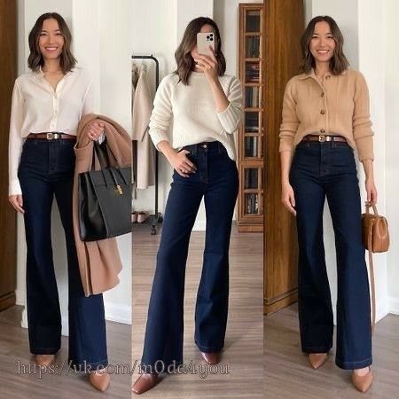 Flare Jeans And Shirt Outfit, Bootcut Jean Work Outfits, Relaxed Work Outfit Winter, Casual Sofisticated Outfits, Daily Classy Outfit, Staple Work Outfits, Classic Jean Outfits For Women, Flared Jeans Work Outfit, Dark Denim Jeans Outfit Work