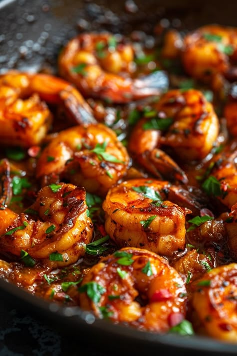 Spicy garlic shrimp garnished with chopped herbs in a skillet. Spicy Prawns Recipes, Spicy Shrimp And Rice Recipes, Spicy Shrimp Pasta, Spicy Garlic Shrimp, Spicy Shrimp Recipes, Cajun Shrimp Recipes, Spicy Seafood Recipes, Spicy Prawns, Prawn Dishes