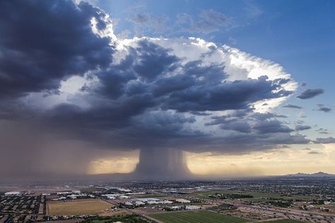 Photographer Jerry Ferguson was shooting from a news helicopter this week when he spotted a microburst over Phoenix, Arizona. In the right place at the rig Mushroom Cloud, Wild Weather, Aerial Video, Storm Clouds, Aerial Photo, Natural Phenomena, Awe Inspiring, Tornado, Amazing Nature