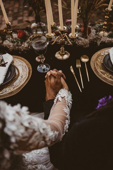 Gothic Wedding Table Settings, Moody Wedding Aesthetic, Moody Wedding Ideas, Dark Academia Wedding, Dark Moody Wedding, Moody Wedding Photography, Alt Wedding, Virginia Wedding Venues, Goth Wedding