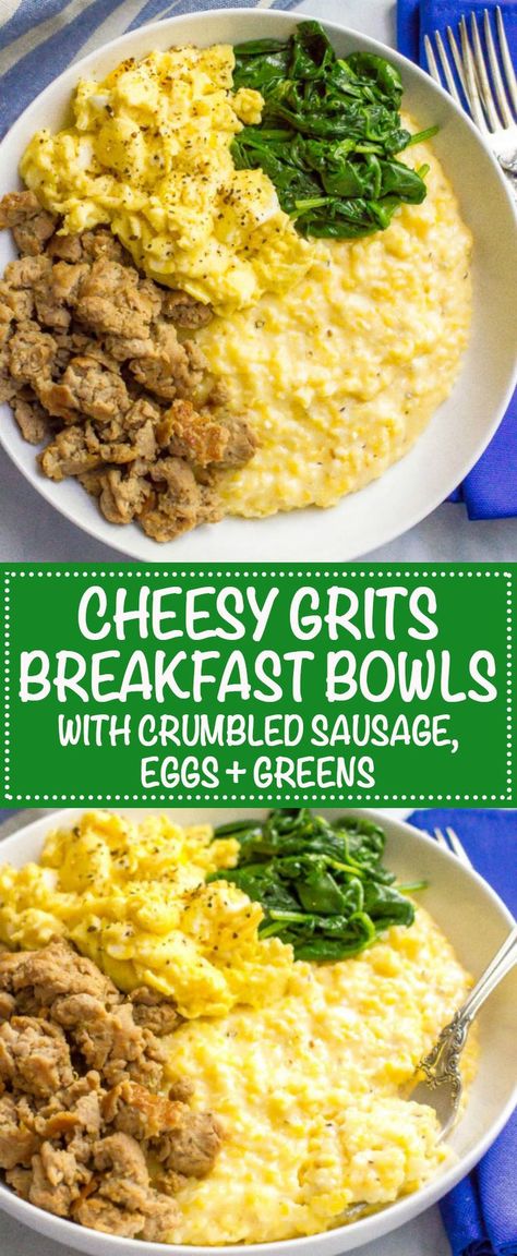 Cheesy grits breakfast bowls are loaded with crumbled sausage, soft scrambled eggs and sautéed spinach for a hearty, delicious start to the day! Breakfast Ideas With Grits, Grit Breakfast Bowl, Healthy Grits Breakfast, Grit Bowl Breakfast, Breakfast Worldwide, Grit Bowl, Eggs And Grits, Cowboy Queso, Breakfast Bowl Egg