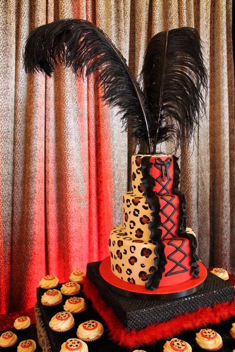 Leopard Burlesque, Burlesque Birthday Party, Burlesque Party Decorations, Burlesque Cake, Burlesque Birthday, Dance Birthday Cake, Burlesque Theme Party, Cheetah Birthday Cakes, Leopard Cupcakes