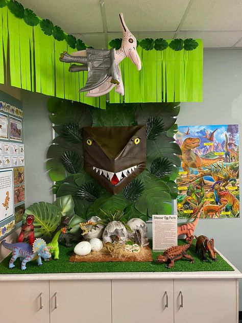 Prehistoric Classroom Theme, Stompers And Chompers Vbs 2023, Jurassic Park Classroom, Dinosaur Forest School, Dinosaur Stage Design, Dinovember Ideas, Dinosaur Display, Egg Facts, Dinosaur Exhibit