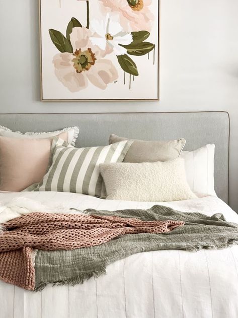 Transform your bedroom into a tranquil oasis with sage green. Let the calming hue envelop your senses, creating a serene sanctuary for relaxation. Revel in the soothing vibes that this gentle color brings, washing away the stresses of the day. Elevate your well-being with an ambiance that promotes peace and rejuvenation, making your bedroom a cocoon of comfort. 🌿🧘‍♂️🚿 #tranquiloasis #serenesanctuary #soothingvibes #cocoonofcomfort #sagegreenbedroom Pink And Beige Bedroom, Pink Green Bedrooms, Sage Bedroom, Blush Pink Bedroom, Blush Bedroom, Rose Bedroom, Sage Green Bedroom, Feminine Bedroom, Warwick Fabrics