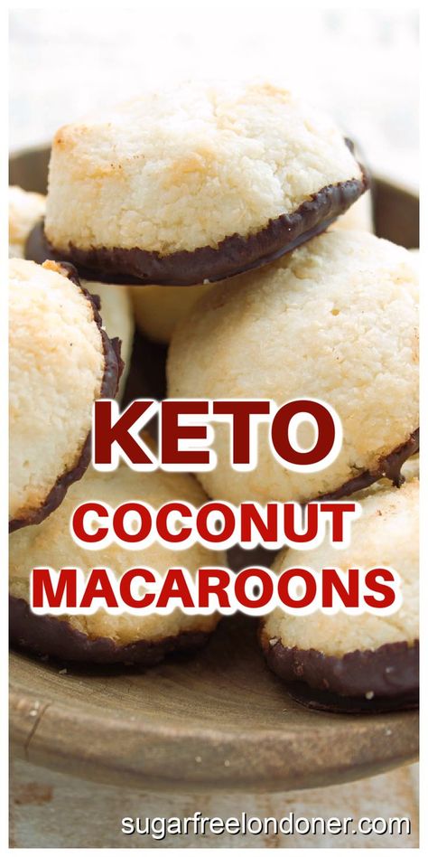 A tray with macaroons dipped in chocolate Keto Macaroons, Macaroons Coconut, Coconut Cookies, Coconut Macaroons, Sugar Free Chocolate, Net Carbs, Shredded Coconut, Macaroons, Sugar Free