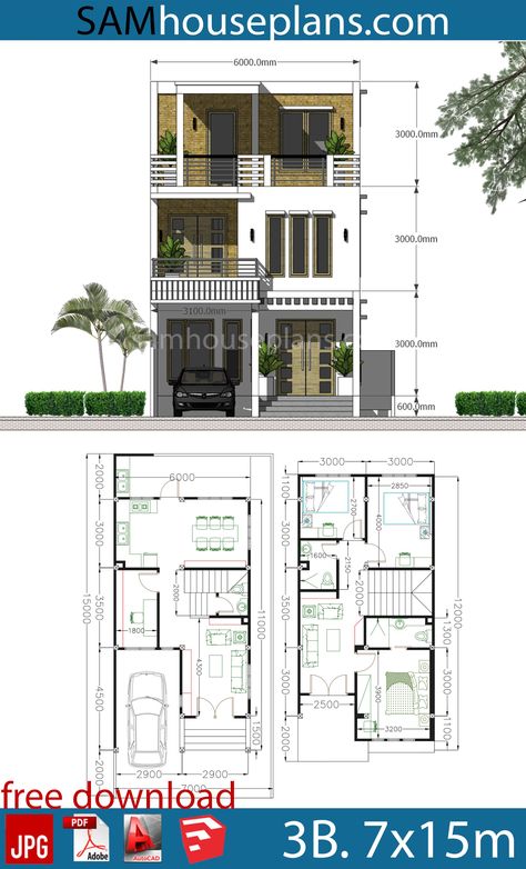 Two Storey House Plans, 3d Plan, Narrow House Plans, Two Story House Design, Modern House Floor Plans, Indian House Plans, House Plans Mansion, Two Story House, Casa Country