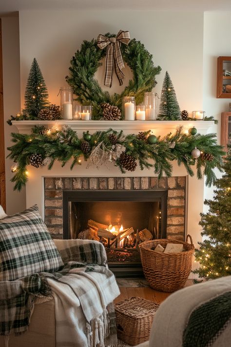 Transform your space with charming winter home decor! Embrace the festive season with a cozy fireplace adorned with lush garlands, twinkling lights, and elegant candles. Perfect for creating a warm, inviting atmosphere. #WinterHomeDecor #CozyLiving #FestiveVibes Interior Design Christmas Decor, 2024 Christmas Mantle Decor, Garland On Fireplace Mantels, Christmas Mantels Decorations, Fireplace Garland Ideas, Christmas Fireplace Mantels Ideas, Christmas Mantel Decorations Diy, Wreath On Fireplace, Christmas Mantle Garland Ideas