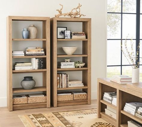 Home Gym Equipment & Storage | Pottery Barn Pottery Barn Bookcase, Grapewood Branch, Shelf Decorations, Bookcase With Drawers, Tall Bookshelves, Tall Bookcases, Shelving Design, Open Bookcase, Wood Bookcase