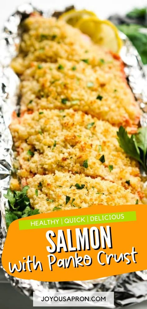 Salmon with Panko Crust is an easy and healthy salmon recipe ready in under 20 minutes! Baked salmon topped with a crunchy, flavorful parmesan and panko crust….yum! This is healthy, quick, and delicious salmon recipe is sure to please. For the full recipe go to Joyous Kitchen Panko Salmon Air Fryer, Crusted Salmon Recipes Baked, Panko Salmon, Salmon Panko, Panko Crusted Salmon, Salmon Toppings, Panko Recipes, Joyous Apron, Breaded Salmon