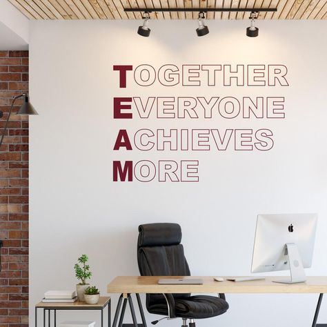 This Team wall sticker is perfect for offices and workshops, it reads 'Together Everyone Achieves More'.  This office wall decal is available in various sizes and can be made in any colour you like.  Available Sizes:  Small - 30cm long x 18cm high Medium - 56cm long x 34cm high Large - 65cm long x 40cm high XL - 91cm long x 56cm high 2XL - 125cm long x 76cm high 3XL - 196cm long x 120cm high Custom - we can make this to your exact requirements, contact us Together Everyone Achieves More, Team Office, Law Office Decor, Office Wall Design, Small Office Design, Office Wall Decals, Wall Graphic, Office Team, Office Space Design