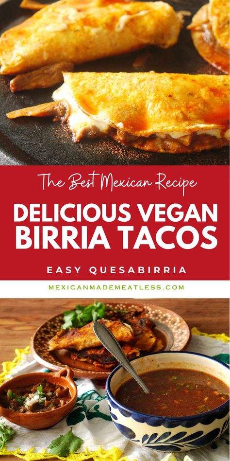 If you love the bold and authentic flavors of Mexican birria tacos but want to skip the meat, our vegetarian birria taco recipe is the perfect solution. Packed with all the same rich spices and savory goodness, these tacos are a delicious and satisfying alternative that you won't want to miss. 

So why wait? Spice up your dinner routine and give our vegetarian Mexican birria tacos a try today! Vegetarian Birria, Mexican Birria Tacos, Birria Taco Recipe, Vegan Birria Tacos, Birria Recipe, Desserts Thanksgiving, Enchilada Casserole Recipes, Vegetarian Mexican, Birria Tacos