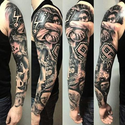 San Antonio Spurs tattoo Spurs Tattoo, Full Arm Sleeve Tattoo, Basketball Tattoos, Spurs Basketball, Pitbull Tattoo, Texas Tattoos, Spurs Fans, Full Arm Tattoos, Brown Pride