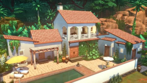 Spanish FincaAnother vacation house made for Selvadorada. 30x20 Lot Comes with an open kitchen/ dining and living room, 2 bedrooms, 2 bathrooms and a lovely patio with pool. Cc free, available on the... Sims Spanish Villa, Spanish Villa Sims 4, Sims Vacation House, Sims Spanish House, Sims 4 Spanish House, Sims 4 Vacation House, Open Kitchen Dining And Living Room, Spanish Finca, Patio With Pool