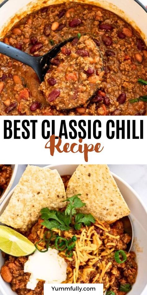 If classic chili con carne tastes like comfort for you, this recipe will blow your mind. This hearty bowl of goodness is made with perfectly cooked ground beef, a mix of kidney and pinto beans, and two secret ingredients: ground cinnamon and masa harina. With a robust spice mix of cumin, coriander, chili powder, and oregano, I guarantee it is the best chili you have ever tasted! The Best Classic Chili, Classic Chili Recipe, The Best Chili, Classic Chili, Best Chili, Best Chili Recipe, Chilli Recipes, Chili Recipe Easy, Soup And Stew