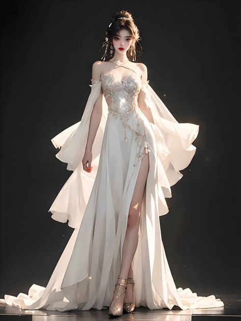 Goddess Dresses Aesthetic, White Dress Fantasy Art, Fantasy Dress White, Beautiful Dresses Long, Angelic Wedding Dress, Fantasy Ball Gowns, White Fantasy Dress, Goddess Outfit Ideas, Ethereal Clothing