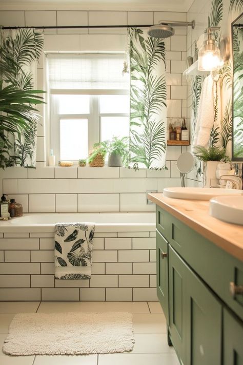 Bring nature into your bathroom with an urban jungle makeover. Add plenty of moisture-loving plants like ferns, snake plants, and pothos to create a fresh, relaxing environment. Use natural materials like wood, bamboo, and stone to complement the greenery and create a spa-like feel. 🪴🌿 Rainforest Inspired Bathroom, Jungle Bathroom Theme, Jungle Themed Bathroom, Foliage Bathroom, Forest Themed Bathroom, Rainforest Bathroom Ideas, Jungle Theme Bathroom, Nature Bathroom Ideas, Tropical Bathroom Design