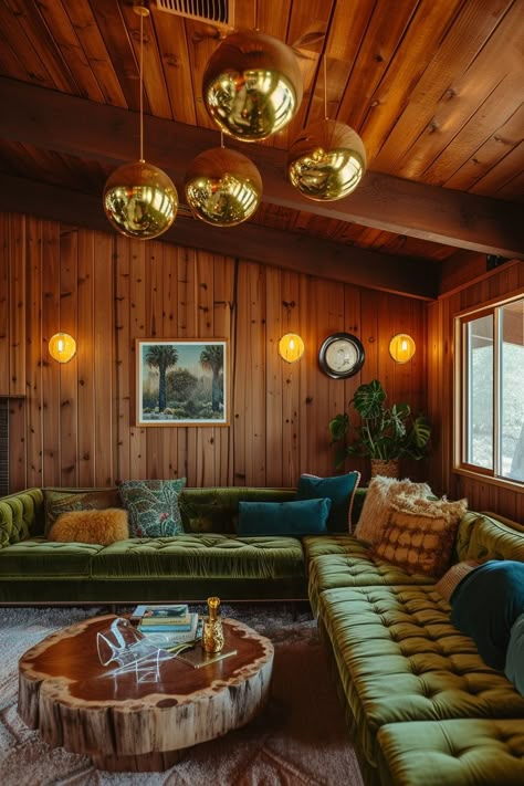 1970s Gallery Wall, Retro Wood Paneling Interior Design, Small 70s Living Room, Retro Cabin Interior, 70s Mcm Living Room, Modern 70s Style Home, Midwestern Interior Design, 1970s Aesthetic Home Decor, 1970s Revival Interior Design