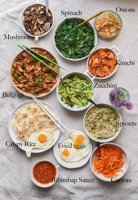 Chicken Bim Bap, Korean Food Recipes Bibimbap, Easy Bibimbap Bowl, Bimbimbop Recipe Easy, Bim Bim Bap Recipe Vegetarian, Bibimbap Meal Prep, Korean Bibimbap Bowls, Bulgogi Bibimbap Recipe, Korean Recipes Bibimbap