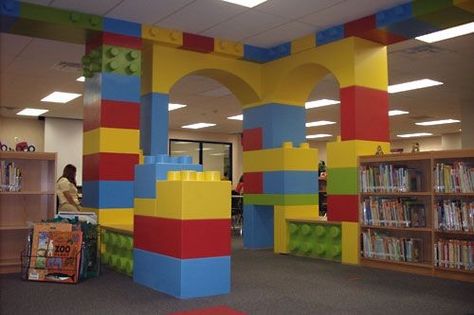 . Lego Mural, Lego Vbs, Lego Classroom Theme, Lego Classroom, Lego Library, Maker Fun Factory Vbs, Maker Fun Factory, School Library Design, Lego Theme