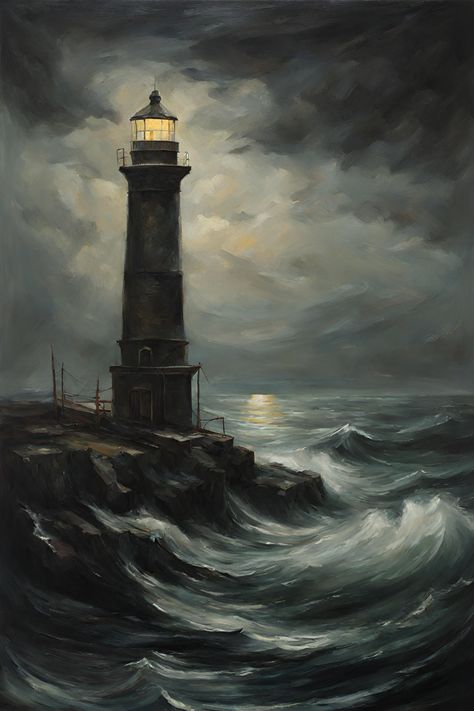 Stormy Lighthouse Painting, Lighthouse In The Dark, Nautical Gothic Aesthetic, Lighthouse Aesthetic Dark, Gothic Lighthouse, Creepy Lighthouse, Dark Sea Painting, Dark Ocean Painting, Spooky Lighthouse