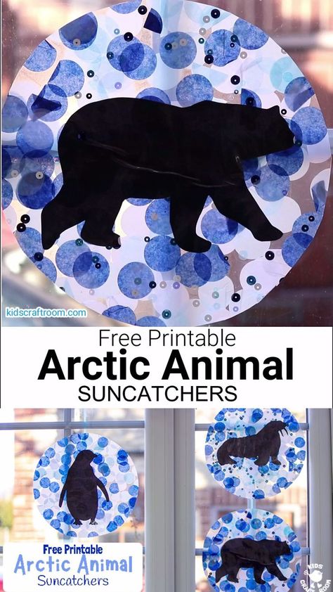 Make gorgeous Arctic Animal Suncatchers. Hang them in a window or from the ceiling and they look so pretty when the light shines through them. (6 free printable animal silhouettes to choose from.) Arctic Animals Preschool, Arctic Animals Crafts, Winter Animal Crafts, January Crafts, Kids Craft Room, Suncatcher Craft, Polar Animals, Winter Craft, Winter Preschool