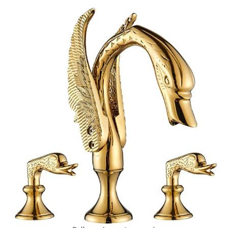 Swan Bathroom, Waterfall Vanity, Bathroom Vanity Faucets, Gold Swan, Vanity Basin, Sink Mixer Taps, Crystal Knobs, Widespread Bathroom Faucet, Basin Mixer Taps