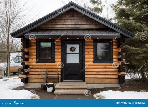 Log Cabin Exterior Paint Colors, Cabin Paint Colors, White Window Trim, Simple Cabin, Log Cabin Exterior, Metal Doors Exterior, Grey Windows, Cabin Doors, Cabin Exterior