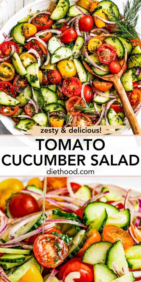 This tomato cucumber salad is a mainstay side dish in my household during the summer months. It’s loaded with just a few fresh and simple ingredients, including a zesty lemon dressing. Zesty Summer Dressing, Tomatoe Cucumber Salad, Mediterranean Cucumber Salad, Tomato And Cucumber Salad, Cucumber And Tomato Salad, Tomato Cucumber Salad, Tomato And Onion Salad, Tomato And Cucumber, Lemon Salad