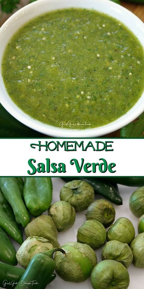 This Homemade Salsa Verde is made with tomatillos, 4 different types of peppers and seasoned just right. Perfect for chips and salsa or adding to a favorite Mexican dish. #salsaverde #salsa #appetizer #salsarecipe Authentic Salsa Verde Recipe, Easy Salsa Verde Recipe, Mexican Salsa Verde, Authentic Mexican Salsa, Verde Salsa, Homemade Salsa Verde, Mexican Salsa Recipes, Easy Homemade Salsa, Salsa Verde Recipe