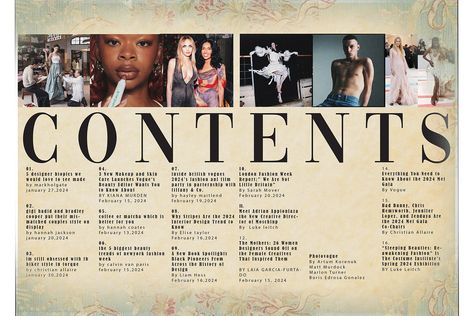 a content page for fashion magazine is created with a renaissance theme using adobe phtoshop and illustrator . Contents Page Ideas, Magazine Content Ideas, Magazine Article Ideas, Magazine Topics Ideas, How To Make A Magazine For Friends, Magazine For Friends, Magazine Theme Ideas, Girly Magazine, Magazine Page Ideas