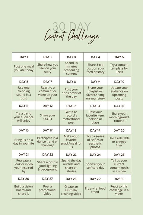 30 Day Content Challenge for influencers, lifestyle creators and social media managers. Some of the ideas for the month include: Post one meal you ate today, React to a comment or video on your feed, Share your playlist or favorite song on your story, Update your audience on upcoming posts, Post your favorite item, person or place, Tell us your current content goals in a video, Share a post in good lighting & background, Build a vision board and share it 30 Days Of Tiktok Content, 30 Day Business Challenge, Content Challenge, Creativity Challenge, Social Media Challenges, Social Media Content Planner, 90 Day Challenge, Marketing Instagram, Content Planner