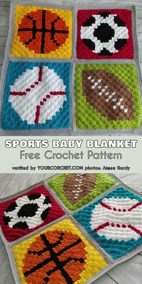 Sports Baby Blanket Free Crochet Pattern This colorful gaphgan consists of blocks with a basketball, soccer ball, baseball and football. The pattern is quick and simple if you've prevouisly made C2C projects. This is a perfect gift for a baby shower especially in a sport lovers families. #graphgan #freecrochetpatterns #crochetbabyblanket #babyshowergiftidea Baseball Crochet Blanket Pattern, Sports Crochet Blanket, C2c Crochet Ideas, Free C2c Graphs, Crochet Baseball Blanket, C2c Projects, Baby Crochet Blanket Free, Baby Blanket Free Crochet Pattern, Crochet C2c Pattern