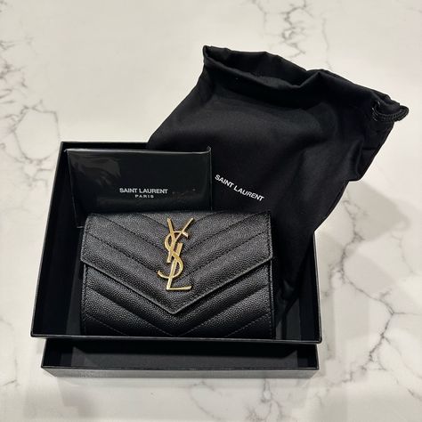 Authentic Yves Saint Laurent (Ysl) Wallet Black And Gold Brand New, Never Used Bought At Neiman’s But Return Window Closed Comes With Box And Bag Yves Saint Laurent Purse, Ysl Black On Black Bag, Ysl Wallet Aesthetic, Mini Ysl Bag, Yves Saint Laurent Wallet, Ysl Wallets, Yves Saint Laurent Aesthetic, Sac Yves Saint Laurent, Saint Laurent Aesthetic